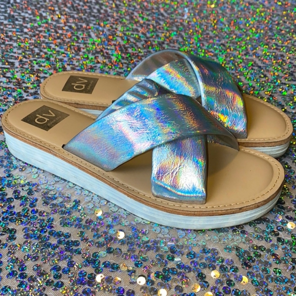 Dolce Vita DV Holographic Iridescent Rainbow Sandals Criss Cross Straps Sz 8